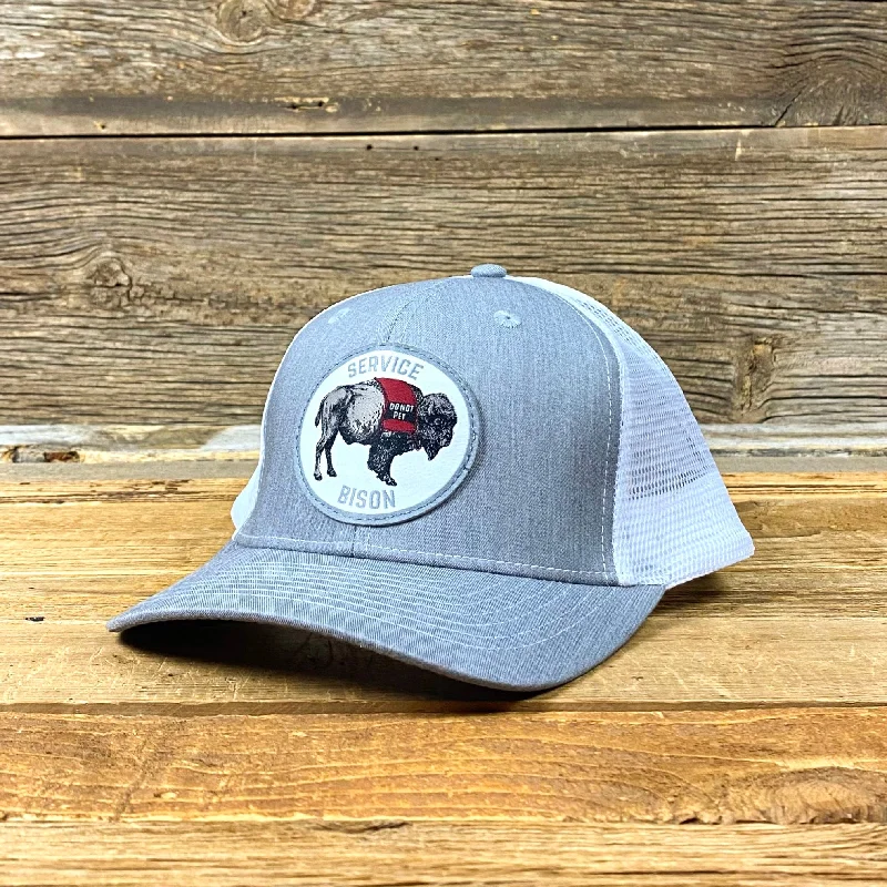 custom wool cap with logo -Surf Wyoming® Service Bison Trucker Hat - Heather Grey