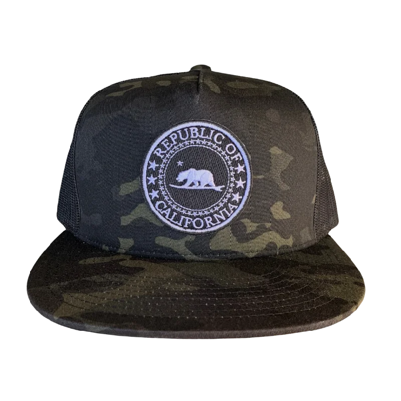 casual wool bucket hat for summer -Republic of California - Black Camo Premium flat bill trucker - non mesh