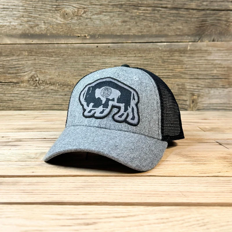 stylish winter wool trucker hat -Surf Wyoming® Flag Bison Trucker - Grey Heather/Black