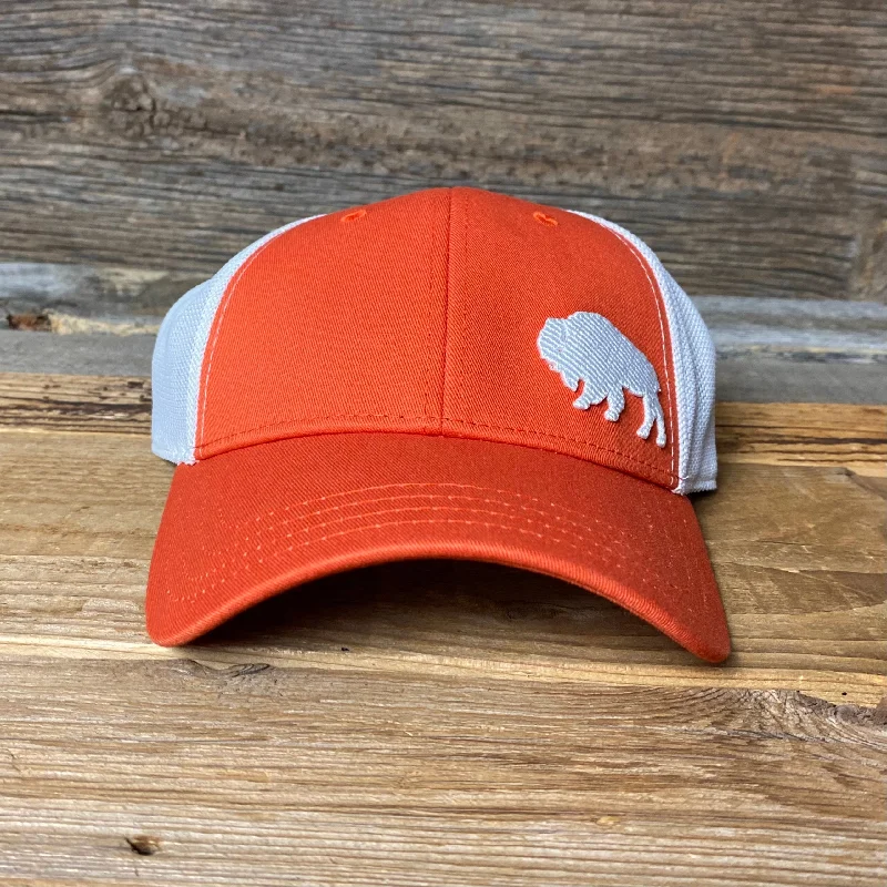 stylish winter wool trucker hat -Surf Wyoming® First Park Bison Trucker - Vintage Orange/White