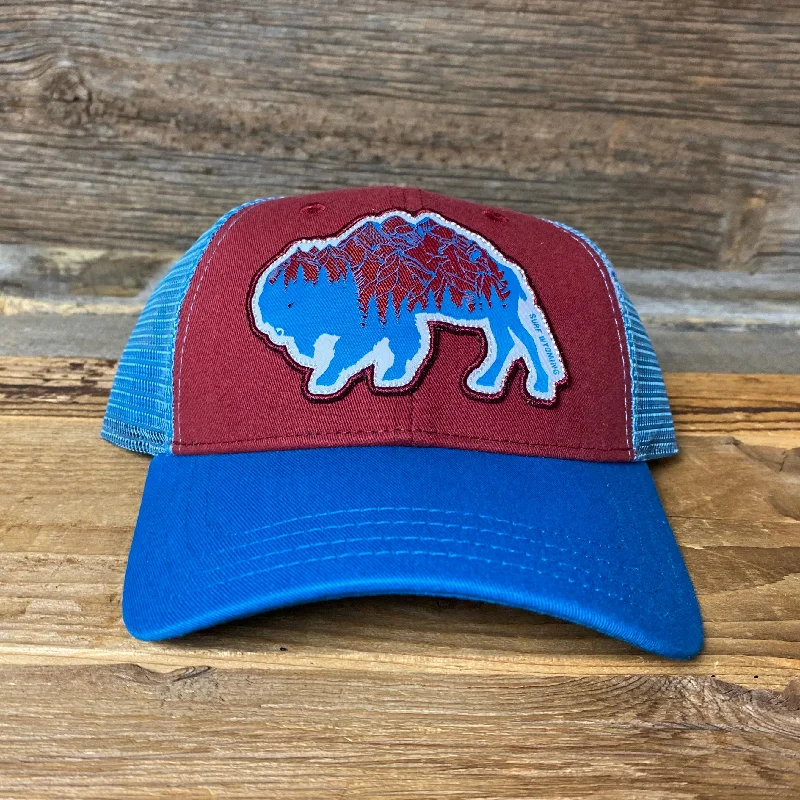 wool hat for hiking and camping -Surf Wyoming® Bison Peak Trucker Hat - Crimson/Electric Blue