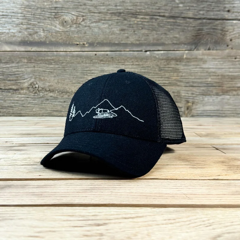 women’s classic wool baseball cap -Surf Wyoming® AKAH! One Line Trucker - Black/Black