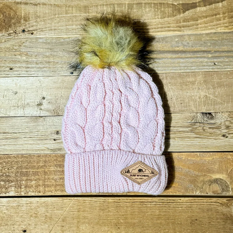 warm knitted wool hat for winter -Surf Wyoming® Diamond Leather Patch Pom Beanie • Pink