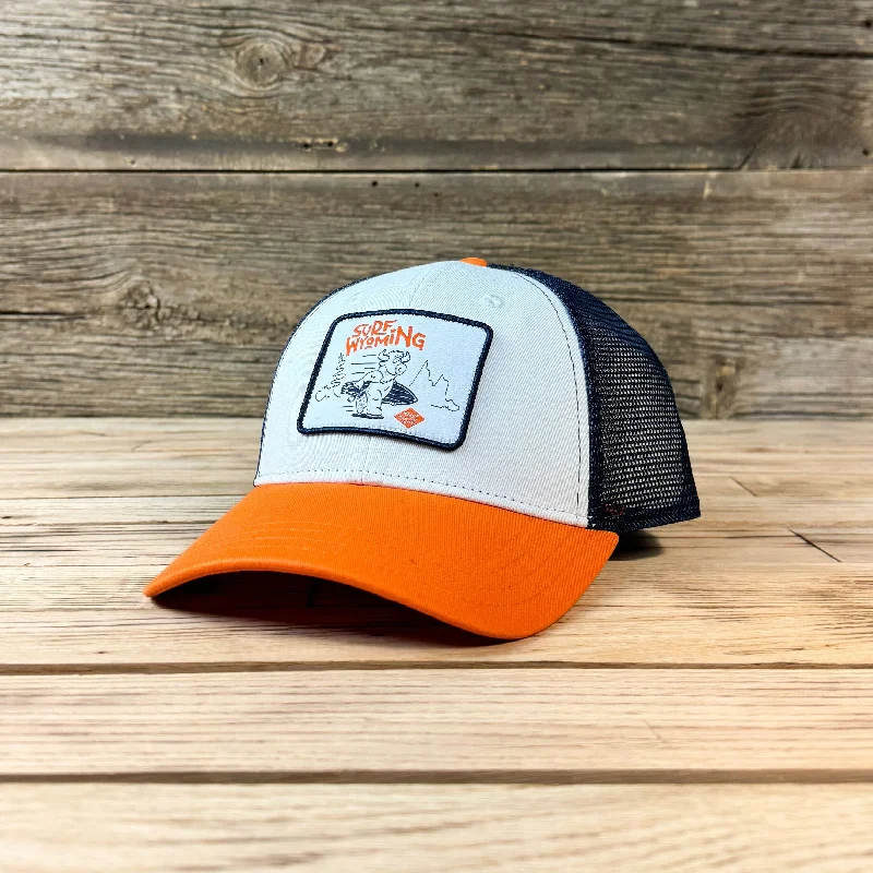 cozy wool beanie for snow sports -Surf Wyoming® Bison OG Trucker - White/Orange/Navy