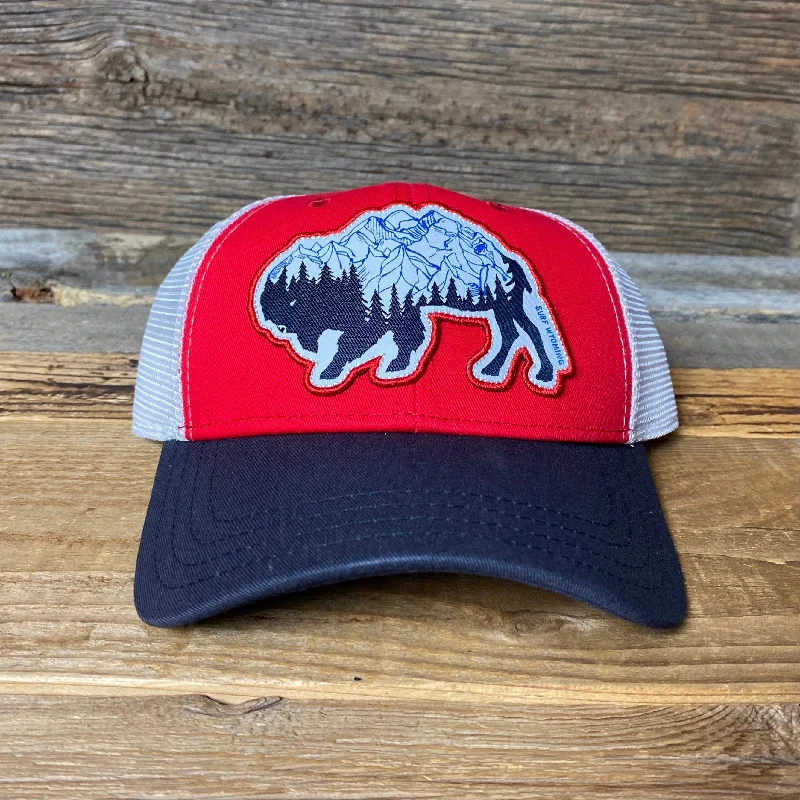 wool sun hat for beach trips -Surf Wyoming® Bison Peak Trucker Hat - Red/White/Blue