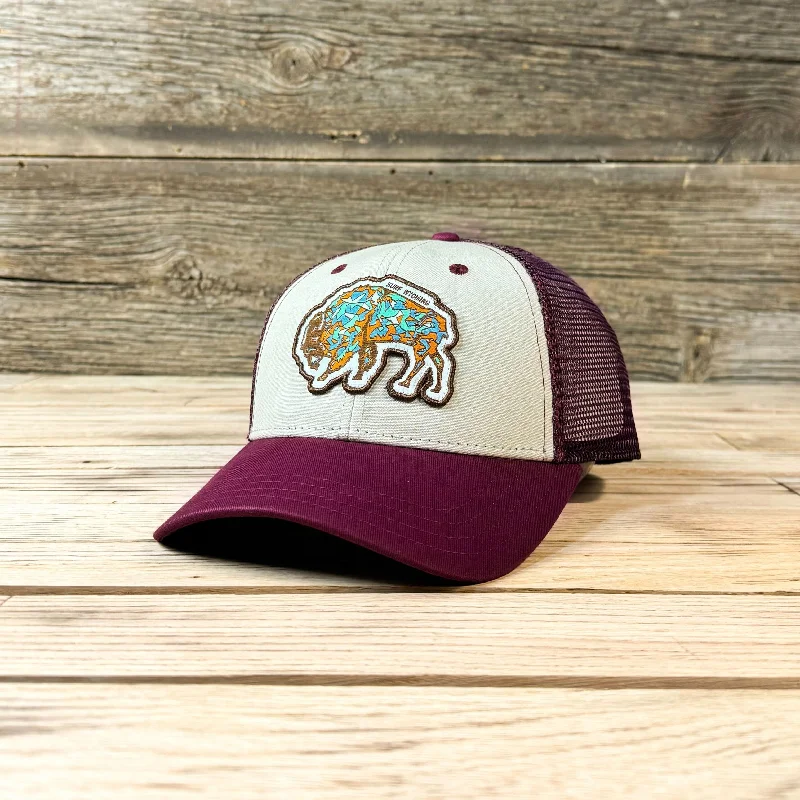 stylish wool winter hat with ear flaps -Surf Wyoming® GEEODE Bison Trucker - Khaki/Maroon