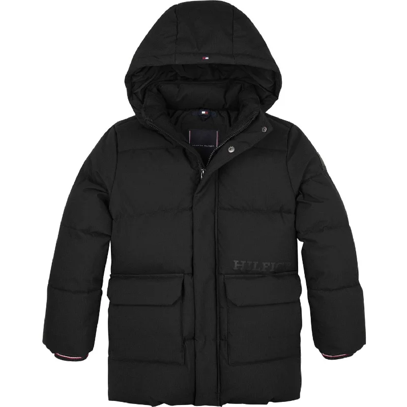 hiking backpacks -Tommy Hilfiger Black Monotype Ribstop Puffer Jacket