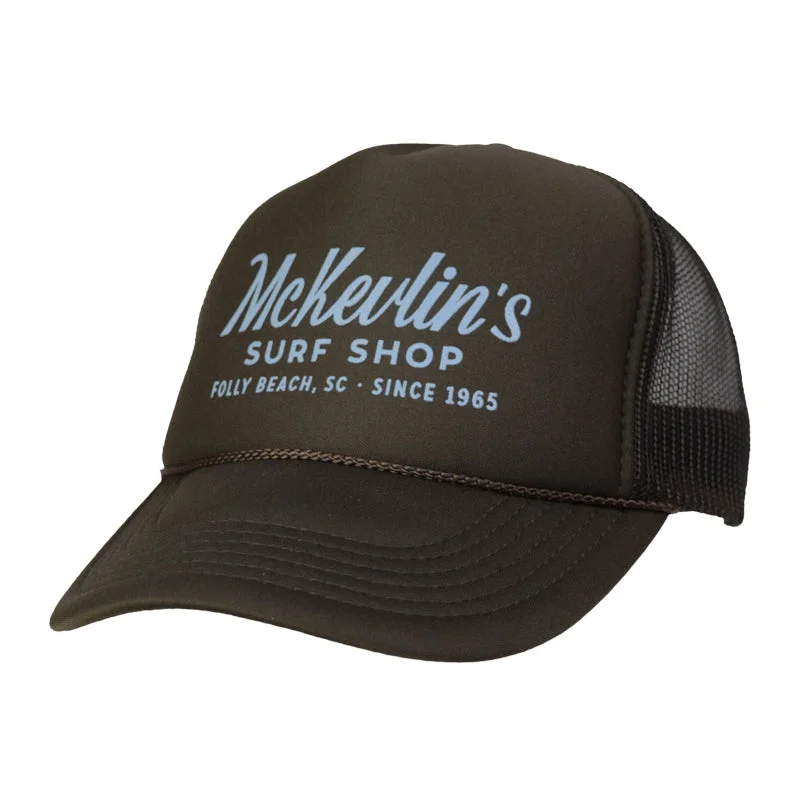 wool cap for casual activities -McKevlin's - Craig Script Trucker - Brown with Light Blue