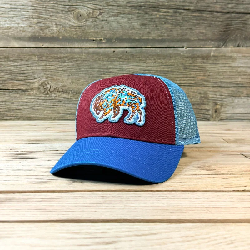 wool baseball cap for winter -Surf Wyoming® GEEODE Bison Trucker - Maroon/Electric Blue/Carolina