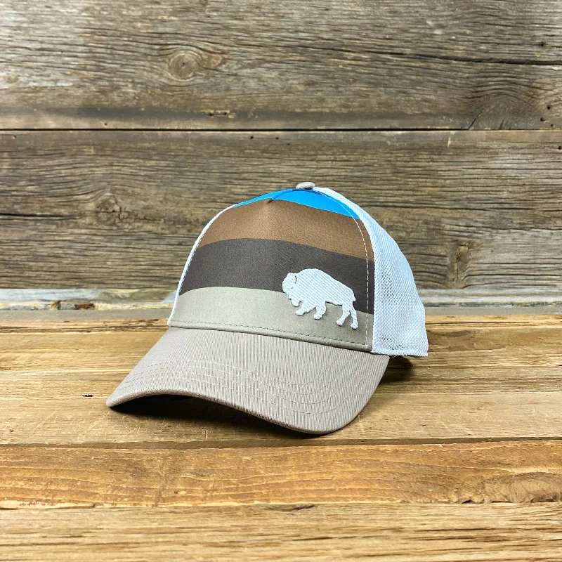 women’s wool sun protection cap -Surf Wyoming®First Park Bison Trucker - Earthy Stripes/White