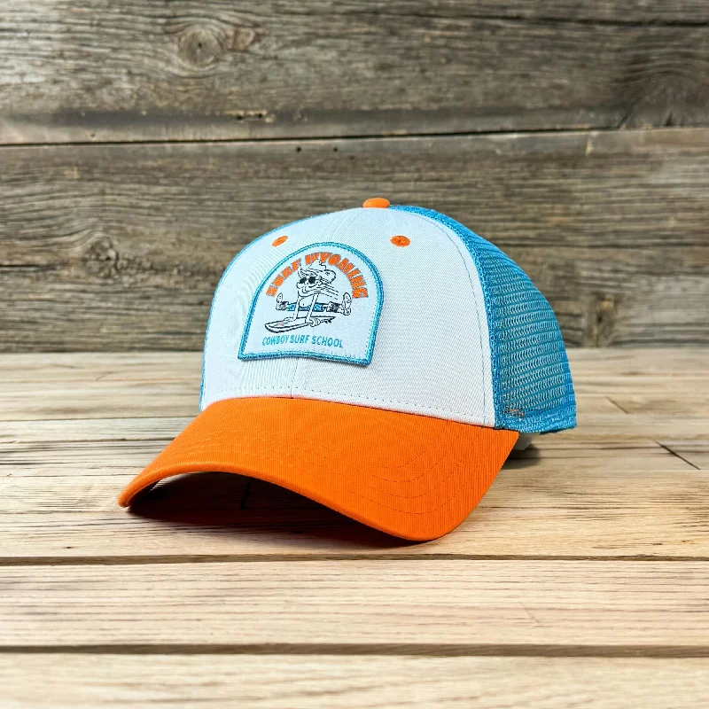 unisex wool sun protection hat -Surf Wyoming® Cowboy Surf School Trucker - White/Orange/Aqua