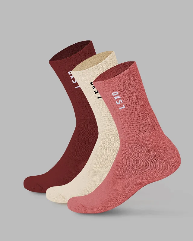 thick socks for cold weather -Signal 3 Pack Crew Socks - Old Rose-Dry Rose-Off White