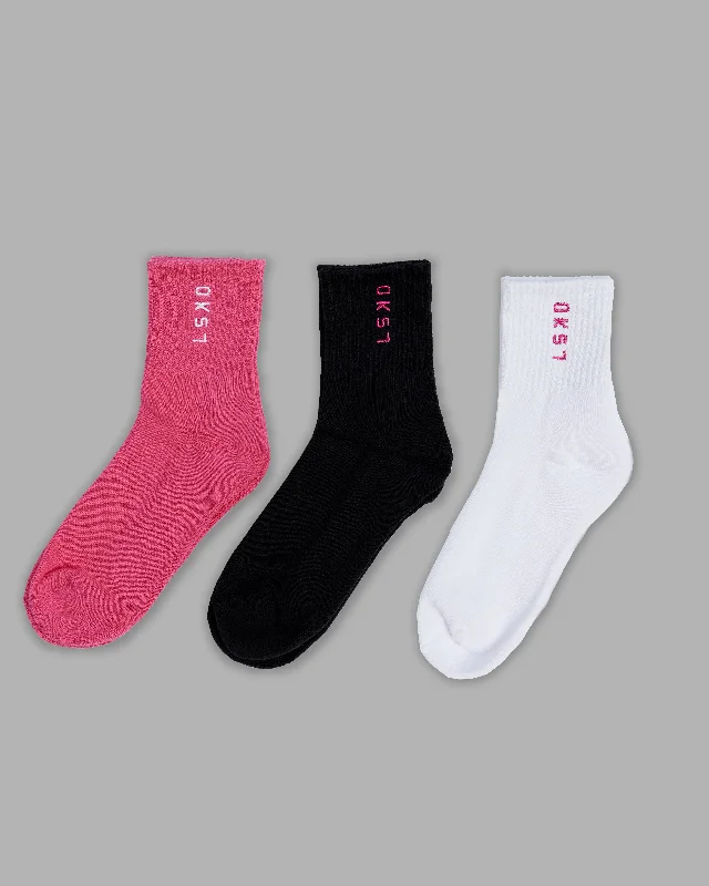 athletic compression socks for recovery -Signal 3 Pack Quarter Socks - White-Black-Berry Pink